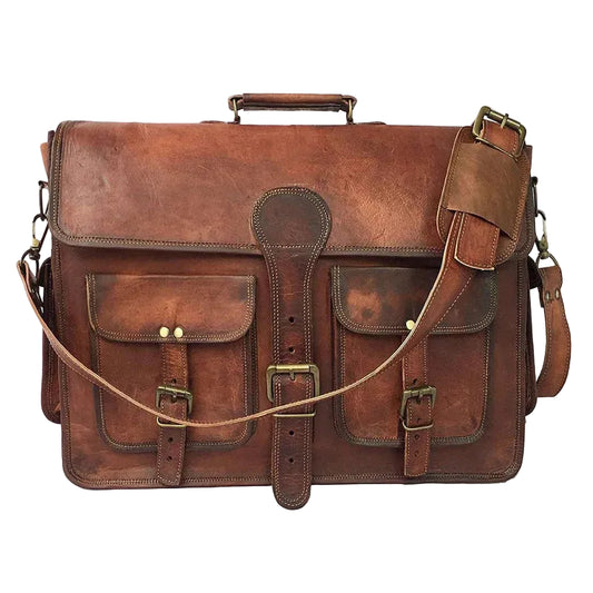 Brown leather satchel bag with gold buckles on a white background