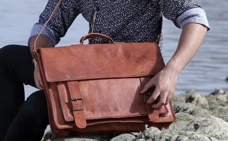 18-Inch Vintage Handmade Leather Messenger Bag – Genuine Goat Leather Laptop Briefcase for Men & Women