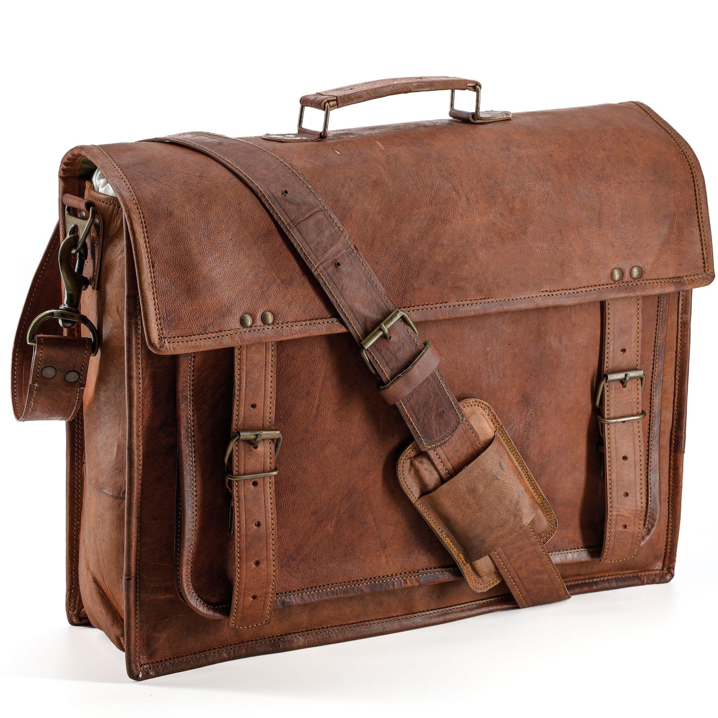 18-Inch Vintage Handmade Leather Messenger Bag – Genuine Goat Leather Laptop Briefcase for Men & Women