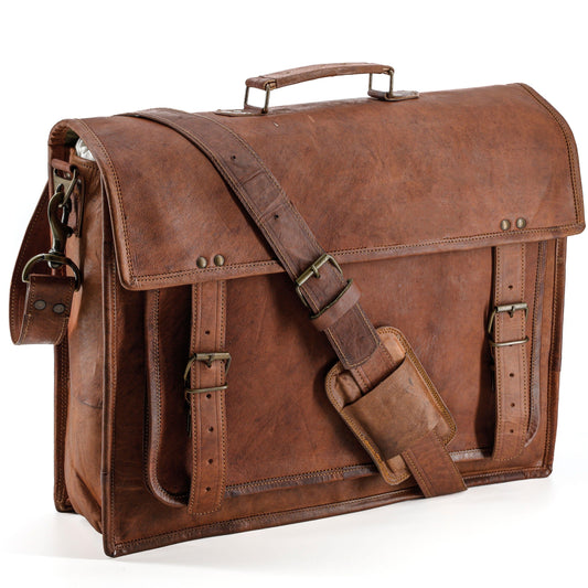 18-Inch Vintage Handmade Leather Messenger Bag – Genuine Goat Leather Laptop Briefcase for Men & Women
